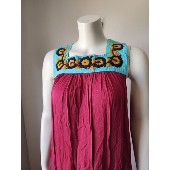 Silvia Suarez blue yellow embroidered floral burgundy red maxi babydoll dress S - Picture 2 of 4